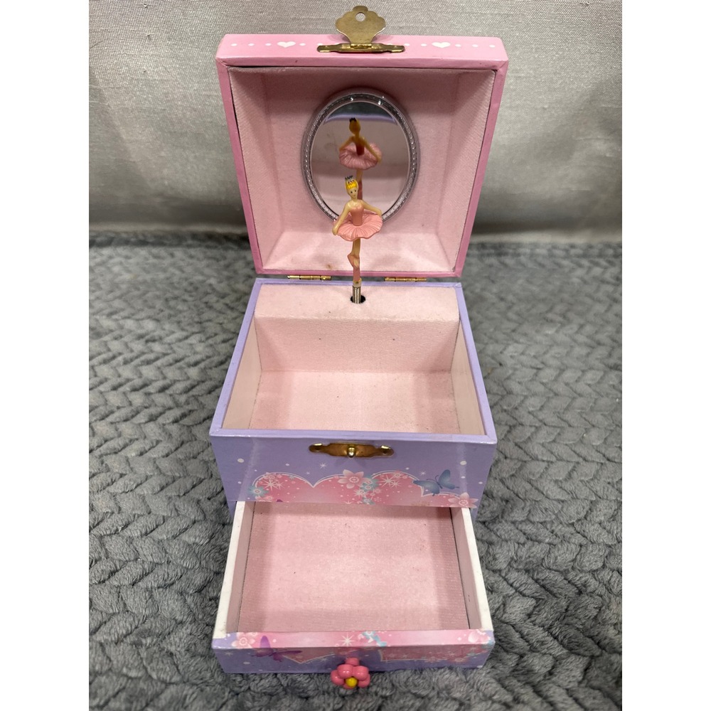 Vintage Style Ballerina Musical Jewelry Box Purple Pink Heart Butterfly Drawer